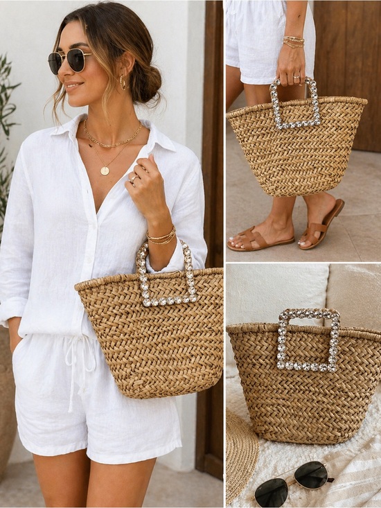 Urban Expressions Handbags - Urban Expressions Natural Straw Tote with Rhinestone Square Handle